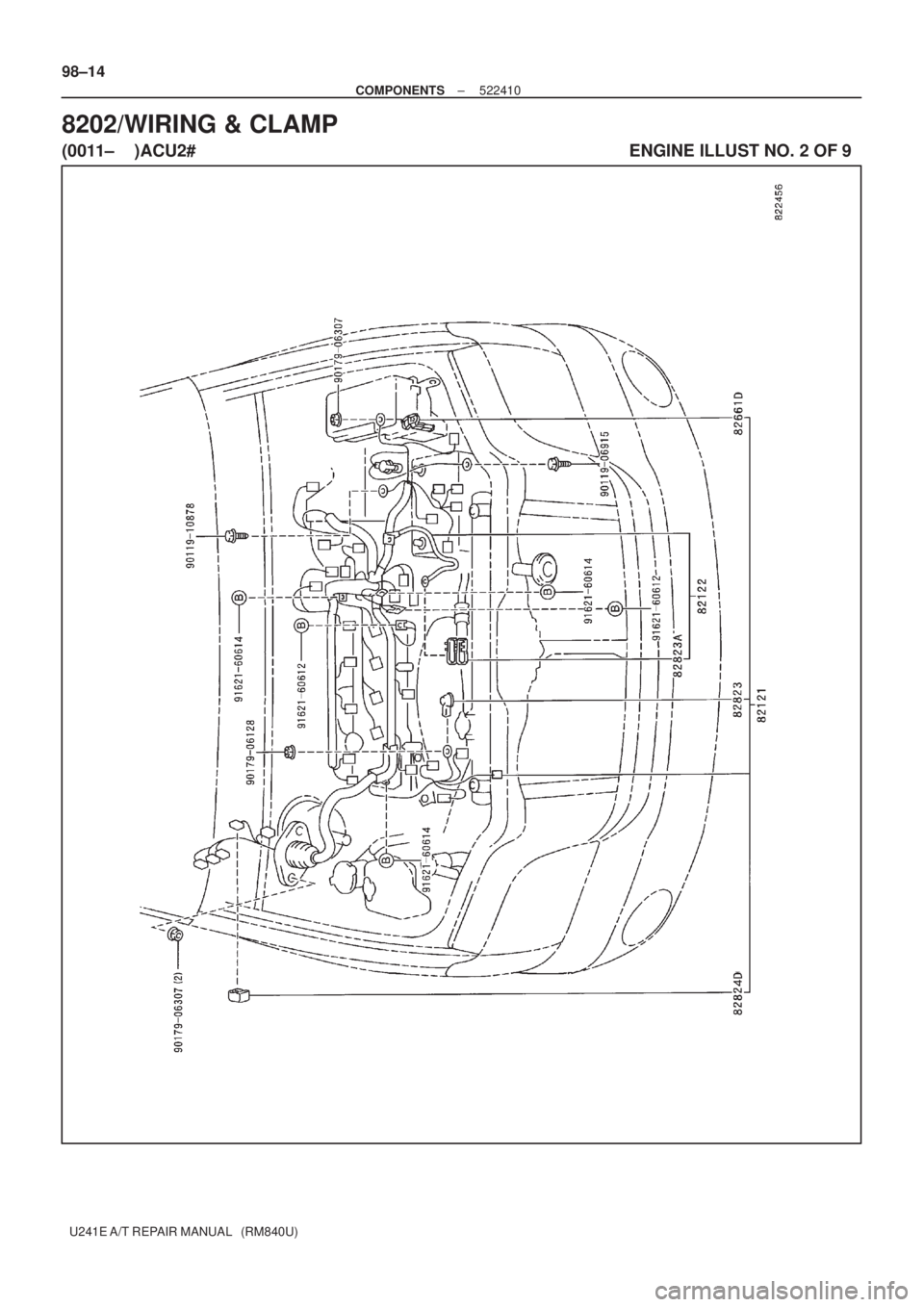 TOYOTA AVENSIS 2005  Service Repair Manual 98±14
± COMPONENTS522410
U241E A/T REPAIR MANUAL   (RM840U)
8202/WIRING & CLAMP
(0011±    )ACU2#                                                                                         ENGINE ILLUS