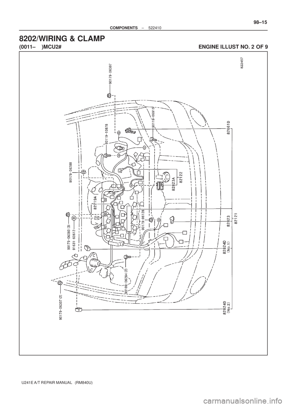 TOYOTA AVENSIS 2005  Service Repair Manual ± COMPONENTS522410
98±15
U241E A/T REPAIR MANUAL   (RM840U)
8202/WIRING & CLAMP
(0011±    )MCU2#                                                                                           ENGINE ILL