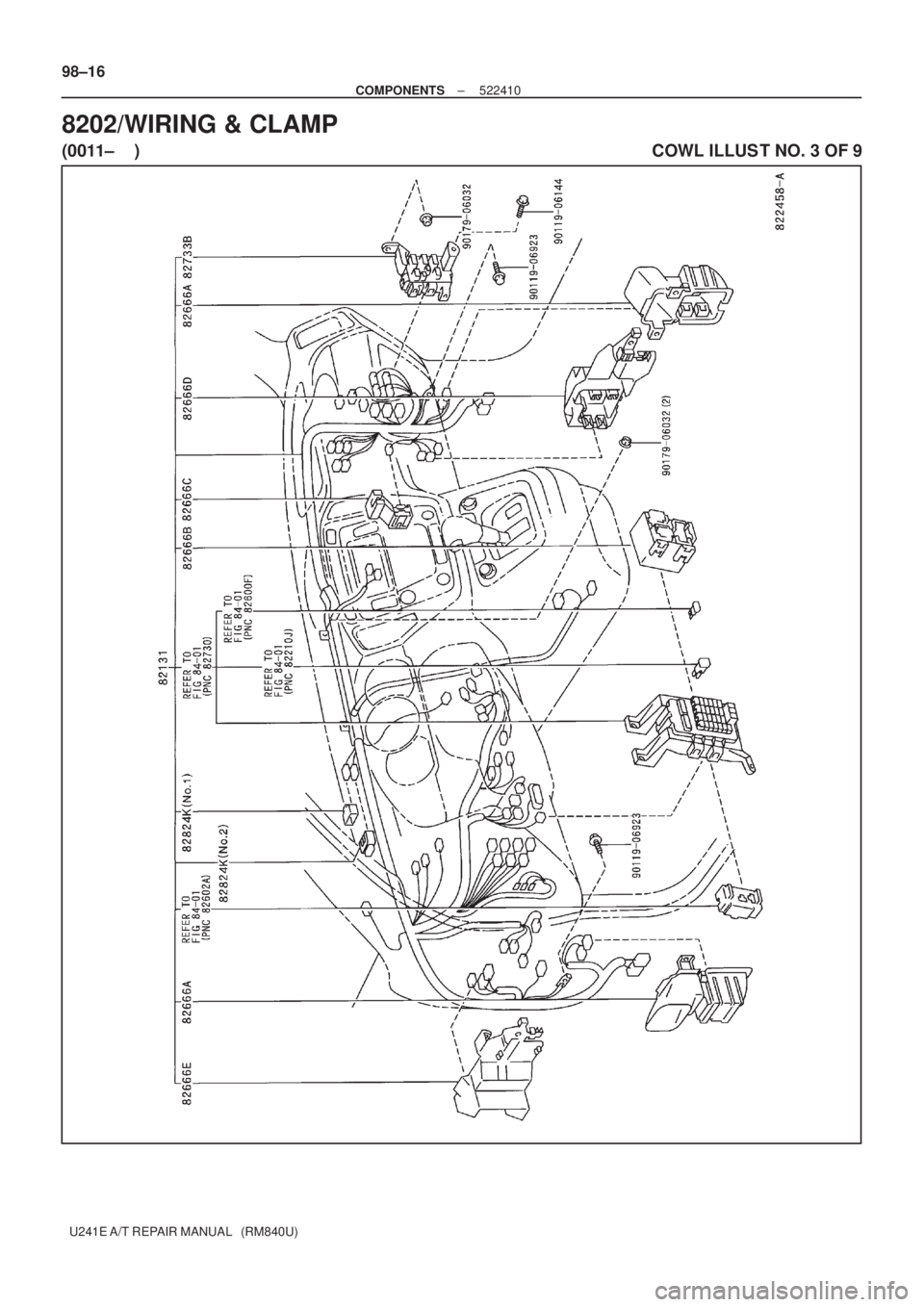 TOYOTA AVENSIS 2005  Service Repair Manual 98±16
± COMPONENTS522410
U241E A/T REPAIR MANUAL   (RM840U)
8202/WIRING & CLAMP
(0011±    )                                                                                                          