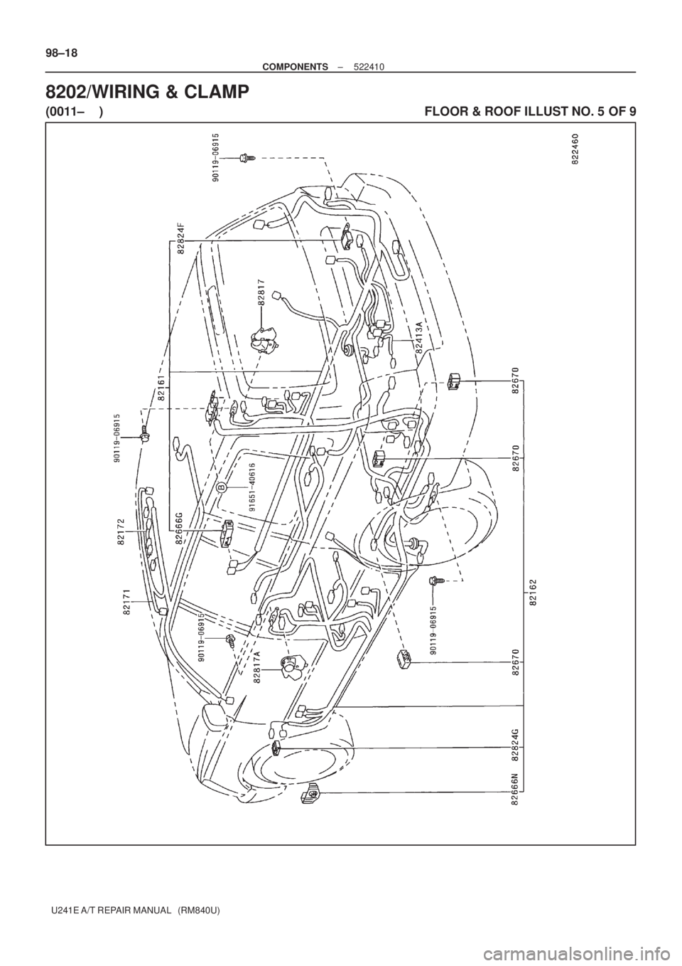 TOYOTA AVENSIS 2005  Service Repair Manual 98±18
± COMPONENTS522410
U241E A/T REPAIR MANUAL   (RM840U)
8202/WIRING & CLAMP
(0011±    )                                                                                           FLOOR & ROOF IL