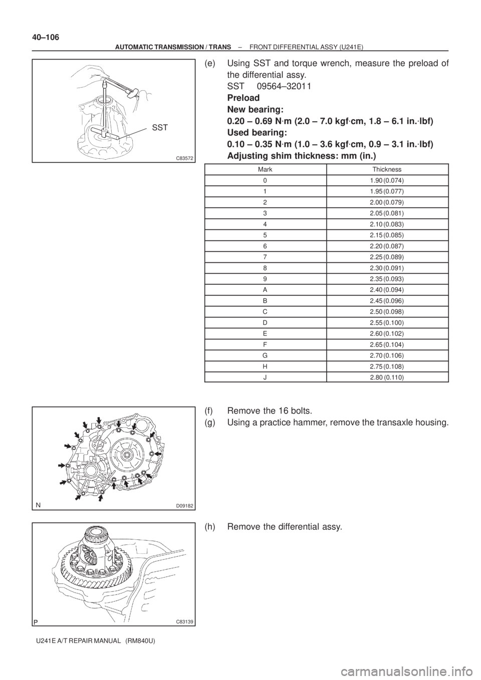TOYOTA AVENSIS 2005  Service Repair Manual C83572
SST
D09182
C83139
40±106
± AUTOMATIC TRANSMISSION / TRANSFRONT DIFFERENTIAL ASSY (U241E)
U241E A/T REPAIR MANUAL   (RM840U)
(e) Using SST and torque wrench, measure the preload of
the differe