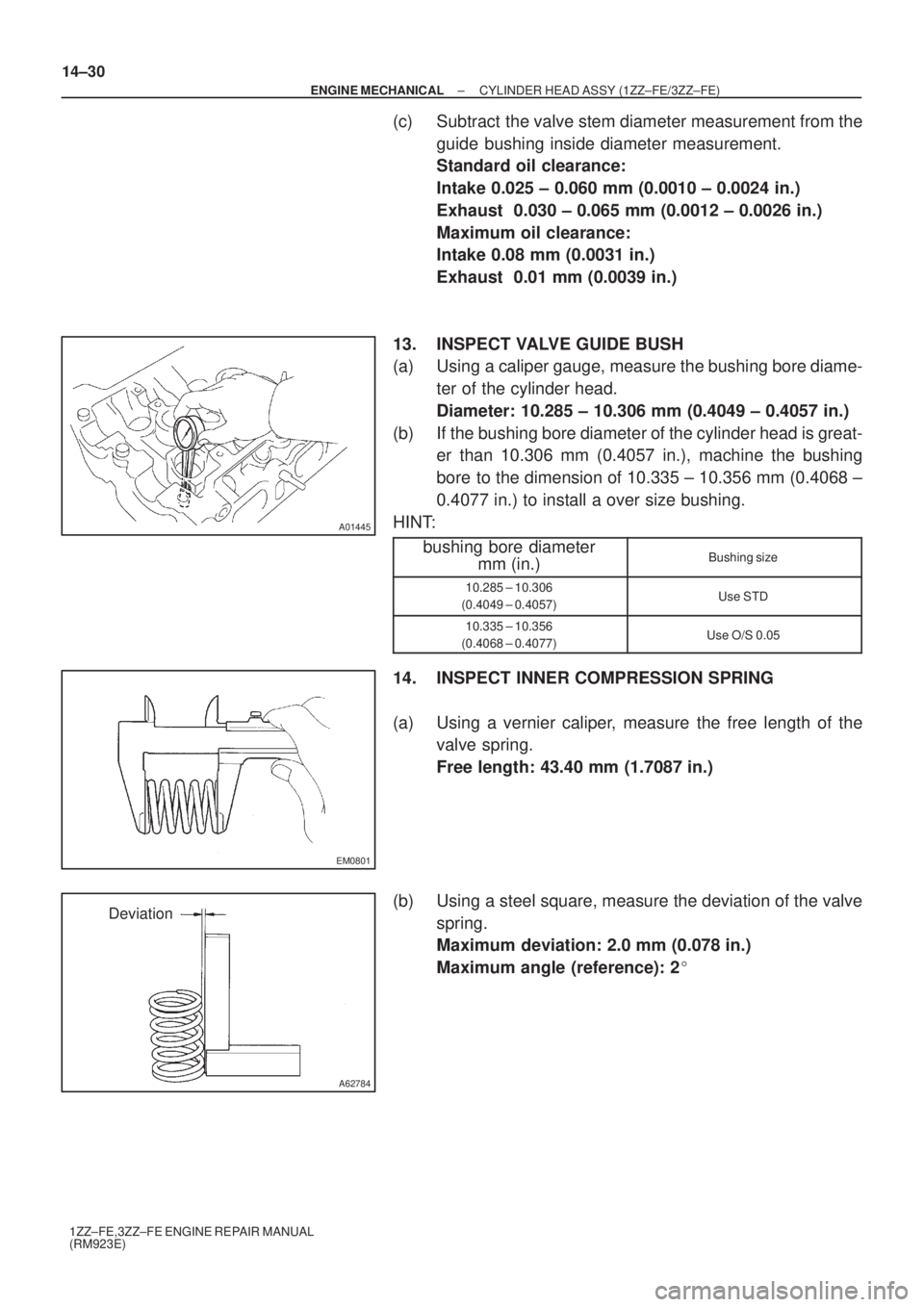 TOYOTA AVENSIS 2005 Service Repair Manual A01445
EM0801
A62784
Deviation 14±30
± ENGINE MECHANICALCYLINDER HEAD ASSY (1ZZ±FE/3ZZ±FE)
1ZZ±FE,3ZZ±FE ENGINE REPAIR MANUAL
(RM923E)
(c) Subtract the valve stem diameter measurement from the
TOYOTA AVENSIS 2005 Service Repair Manual A01445
EM0801
A62784
Deviation 14±30
± ENGINE MECHANICALCYLINDER HEAD ASSY (1ZZ±FE/3ZZ±FE)
1ZZ±FE,3ZZ±FE ENGINE REPAIR MANUAL
(RM923E)
(c) Subtract the valve stem diameter measurement from the