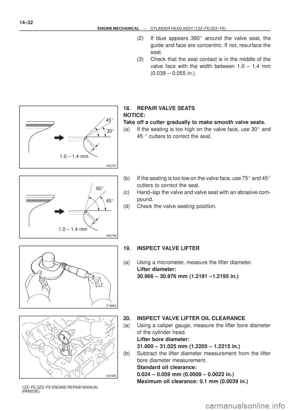 TOYOTA AVENSIS 2005 Service Repair Manual A62787
1.0 ± 1.4 mm30 45
A62788
1.0 ± 1.4 mm60
45
P16860
A01080
14±32
± ENGINE MECHANICALCYLINDER HEAD ASSY (1ZZ±FE/3ZZ±FE)
1ZZ±FE,3ZZ±FE ENGINE REPAIR MANUAL
(RM923E)
(2) If blue appears TOYOTA AVENSIS 2005 Service Repair Manual A62787
1.0 ± 1.4 mm30 45
A62788
1.0 ± 1.4 mm60
45
P16860
A01080
14±32
± ENGINE MECHANICALCYLINDER HEAD ASSY (1ZZ±FE/3ZZ±FE)
1ZZ±FE,3ZZ±FE ENGINE REPAIR MANUAL
(RM923E)
(2) If blue appears