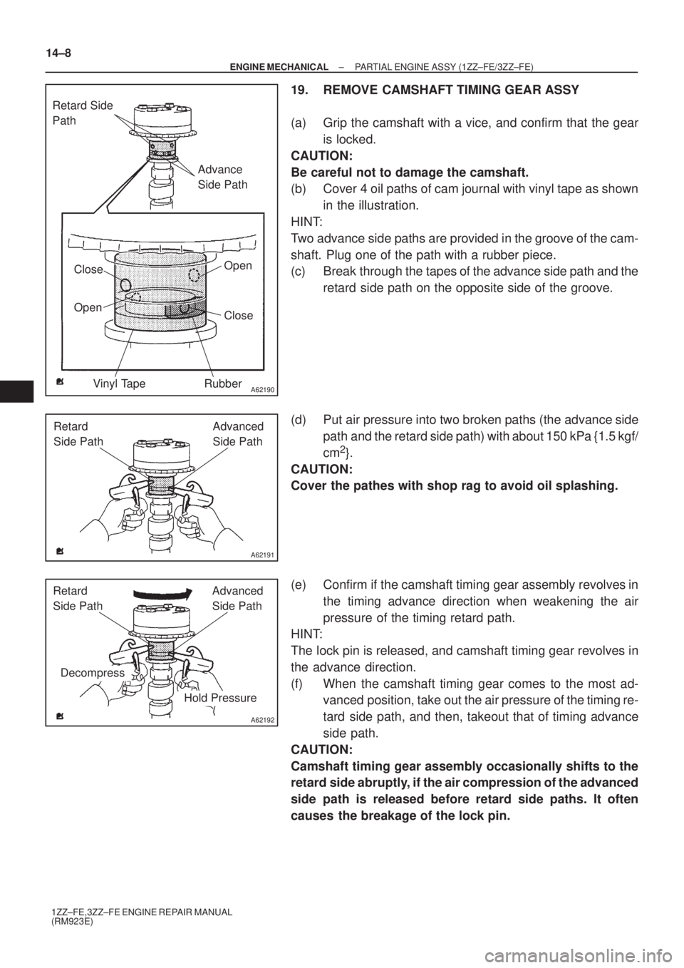 TOYOTA AVENSIS 2005  Service Repair Manual A62190
Advance 
Side Path Retard Side 
Path
Open
Close
Rubber Vinyl Tape Open Close
A62191
Advanced 
Side Path Retard 
Side Path
A62192
Hold Pressure
DecompressAdvanced 
Side Path Retard 
Side Path
14