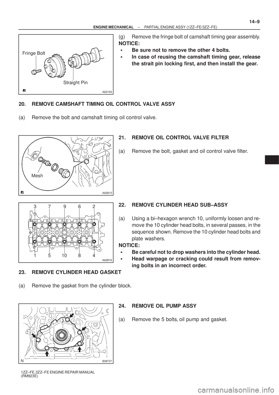 TOYOTA AVENSIS 2005  Service Repair Manual A62193
Straight Pin Fringe Bolt
A62815
Mesh
A62816
37 9 62
4 8 10 5 1
B08737
± ENGINE MECHANICALPARTIAL ENGINE ASSY (1ZZ±FE/3ZZ±FE)
14±9
1ZZ±FE,3ZZ±FE ENGINE REPAIR MANUAL
(RM923E)
(g) Remove th