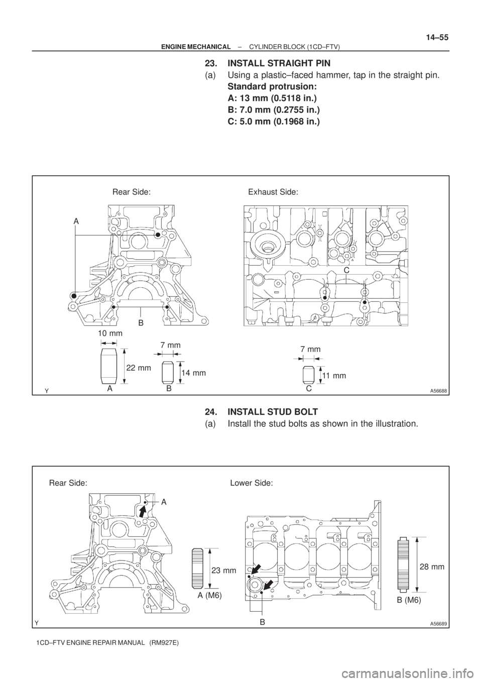 TOYOTA AVENSIS 2005  Service Repair Manual A56688
10 mm
22 mm7 mm
14 mm
11  m m
ABRear Side: Exhaust Side:
7 mm
C
B
A
C
A56689
Rear Side: Lower Side:
A
B
23 mm
A (M6)
B (M6)28 mm
± ENGINE MECHANICALCYLINDER BLOCK (1CD±FTV)
14±55
1CD±FTV EN