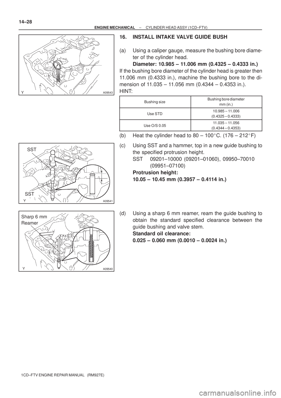 TOYOTA AVENSIS 2005  Service Repair Manual A09543
SSTSST
A09541
A09540
Sharp 6 mm
Reamer 14±28
± ENGINE MECHANICALCYLINDER HEAD ASSY (1CD±FTV)
1CD±FTV ENGINE REPAIR MANUAL   (RM927E)
16. INSTALL INTAKE VALVE GUIDE BUSH
(a) Using a caliper 