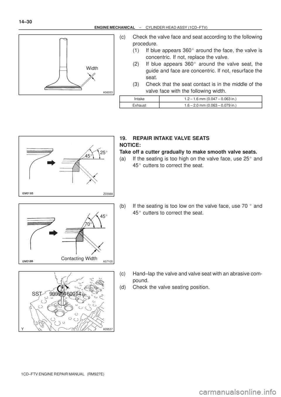 TOYOTA AVENSIS 2005  Service Repair Manual A56053
Width
4525
Z03988
45
70
A57105Contacting Width
A09537
14±30
± ENGINE MECHANICALCYLINDER HEAD ASSY (1CD±FTV)
1CD±FTV ENGINE REPAIR MANUAL   (RM927E)
(c) Check the valve face and seat acc