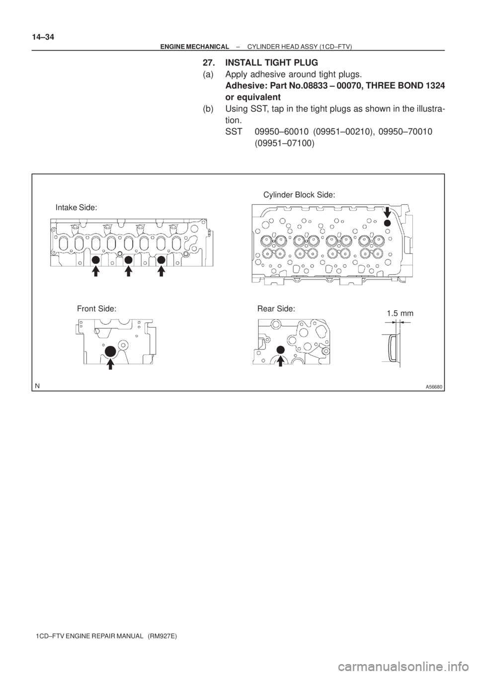 TOYOTA AVENSIS 2005  Service Repair Manual A56680
Intake Side:Cylinder Block Side:
Front Side: Rear Side:
1.5 mm 14±34
± ENGINE MECHANICALCYLINDER HEAD ASSY (1CD±FTV)
1CD±FTV ENGINE REPAIR MANUAL   (RM927E)
27. INSTALL TIGHT PLUG
(a) Apply