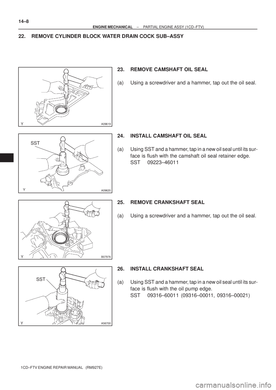 TOYOTA AVENSIS 2005  Service Repair Manual A09619
SST
A09620
B07976
A56700
SST
14±8
± ENGINE MECHANICALPARTIAL ENGINE ASSY (1CD±FTV)
1CD±FTV ENGINE REPAIR MANUAL   (RM927E)
22. REMOVE CYLINDER BLOCK WATER DRAIN COCK SUB±ASSY
23. REMOVE CA