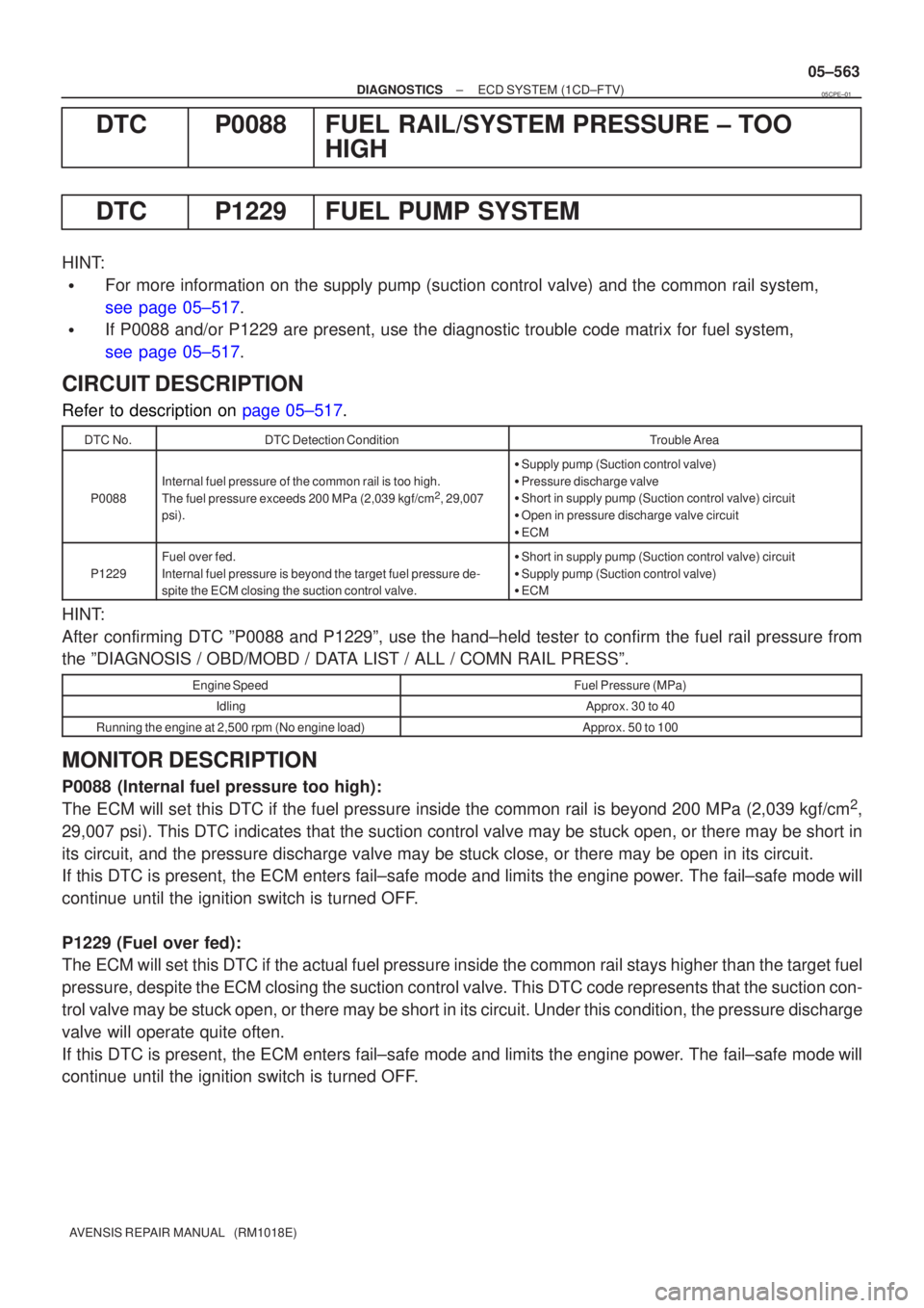 TOYOTA AVENSIS 2005  Service Repair Manual ±
DIAGNOSTICS ECD SYSTEM(1CD±FTV)
05±563
AVENSIS REPAIR MANUAL   (RM1018E)
DTCP0088FUEL RAIL/SYSTEM PRESSURE ± TOO
HIGH
DTCP1229FUEL PUMP SYSTEM
HINT:
For more information on the supply pump (suc