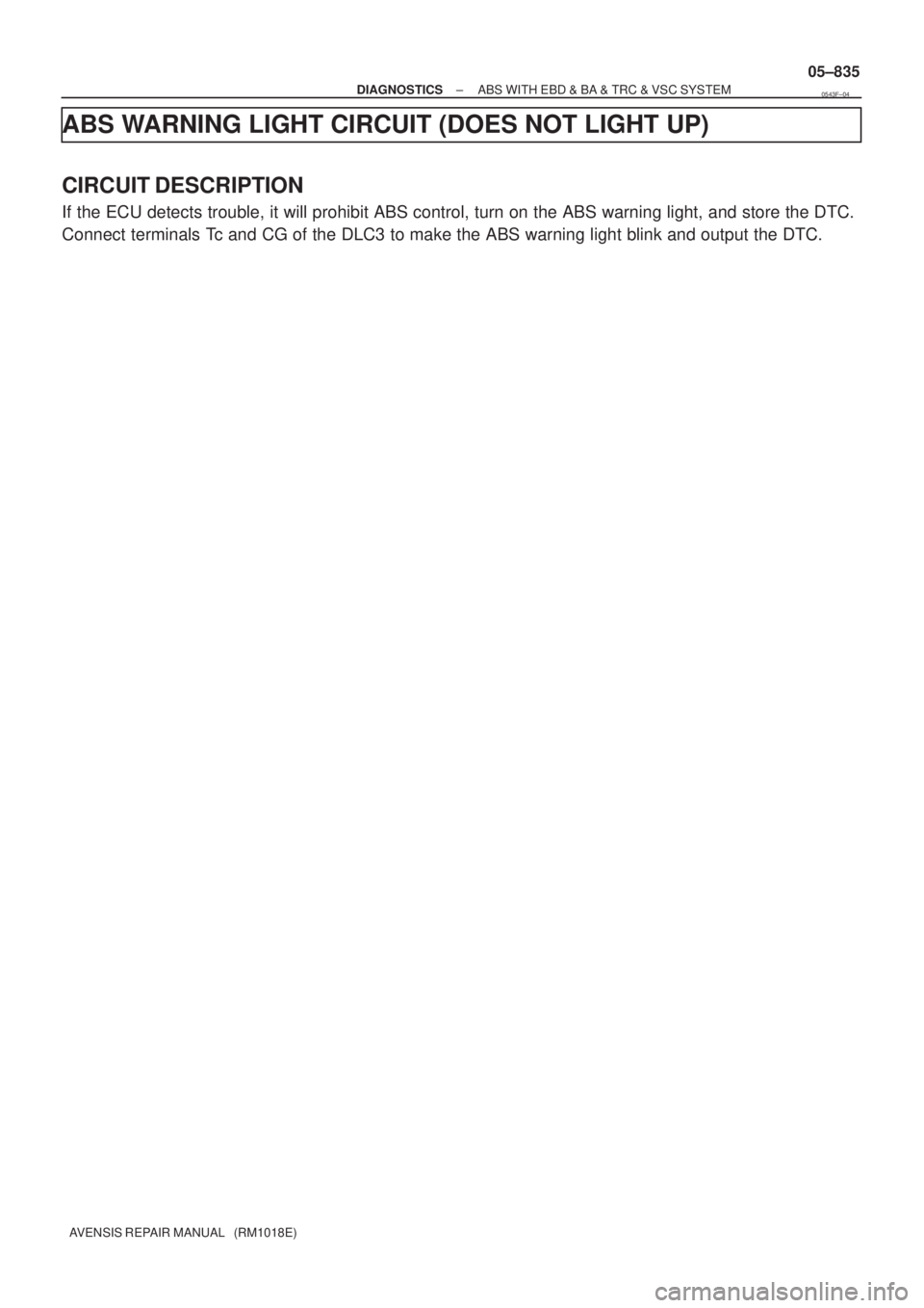 TOYOTA AVENSIS 2005  Service Repair Manual ± DIAGNOSTICSABS WITH EBD & BA & TRC & VSC SYSTEM
05±835
AVENSIS REPAIR MANUAL   (RM1018E)
ABS WARNING LIGHT CIRCUIT (DOES NOT LIGHT UP)
CIRCUIT DESCRIPTION
If the ECU detects trouble, it will prohi