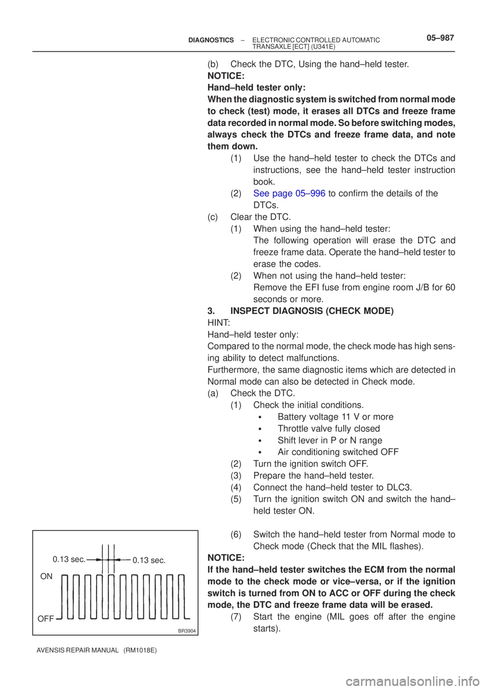 TOYOTA AVENSIS 2005  Service Repair Manual BR3904
ON
OFF 0.13 sec.
0.13 sec.
±
DIAGNOSTICS ELECTRONIC CONTROLLED AUTOMATIC
TRANSAXLE [ECT](U341E)05±987
AVENSIS REPAIR MANUAL   (RM1018E)
(b)Check the DTC, Using the hand±held tester.
NOTICE:
