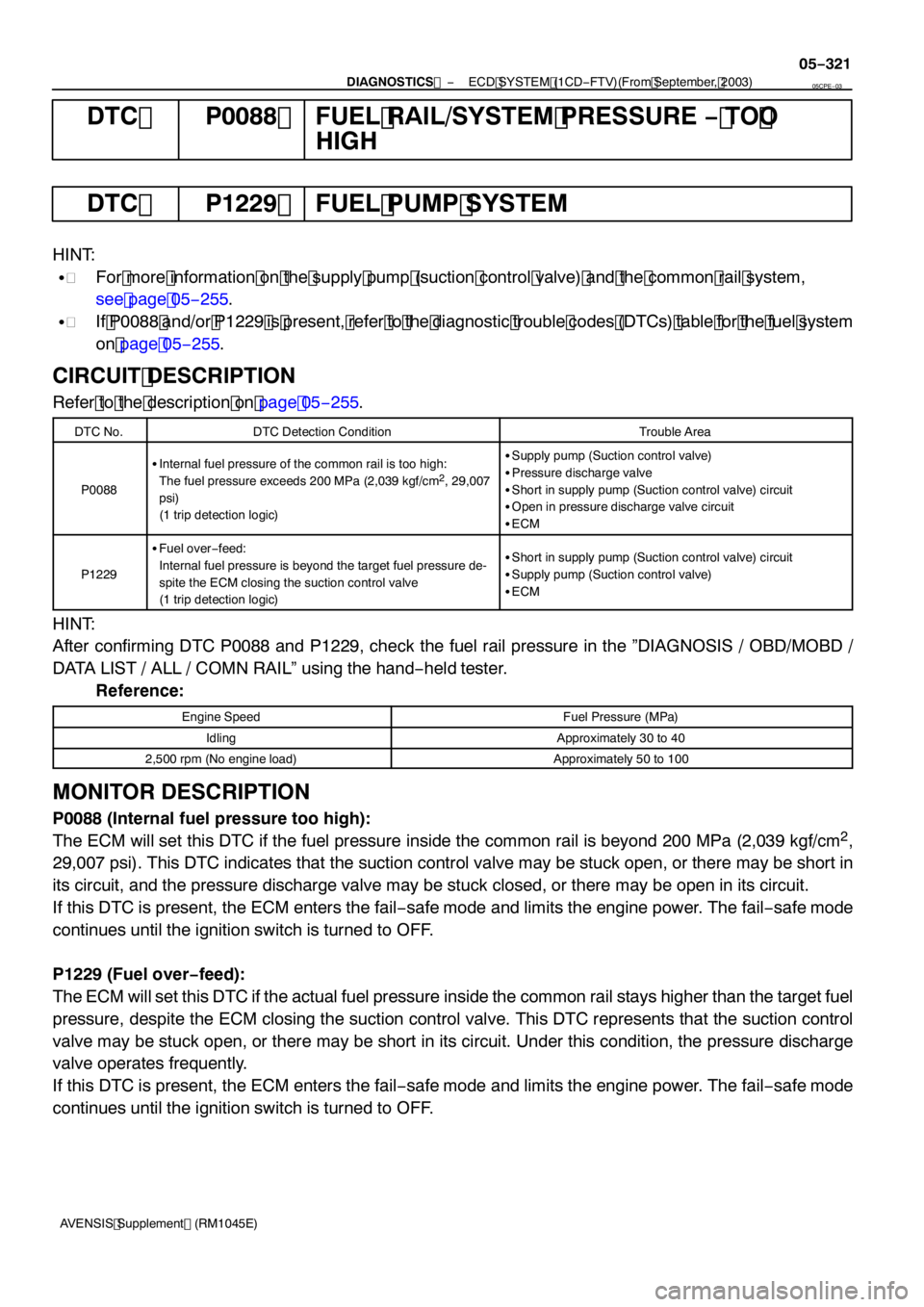 TOYOTA AVENSIS 2005  Service Repair Manual −
DIAGNOSTICS  ECD SYSTEM (1CD −FTV)(From September, 2003)
05 −32 1
AVENSIS Supplement (RM 1045E)
DTC P0088 FUEL RAIL/SYSTEM PRESSURE − TO O
HIGH
DTC P 1229 FUEL PUMP SYSTEM
HINT:
S For more i