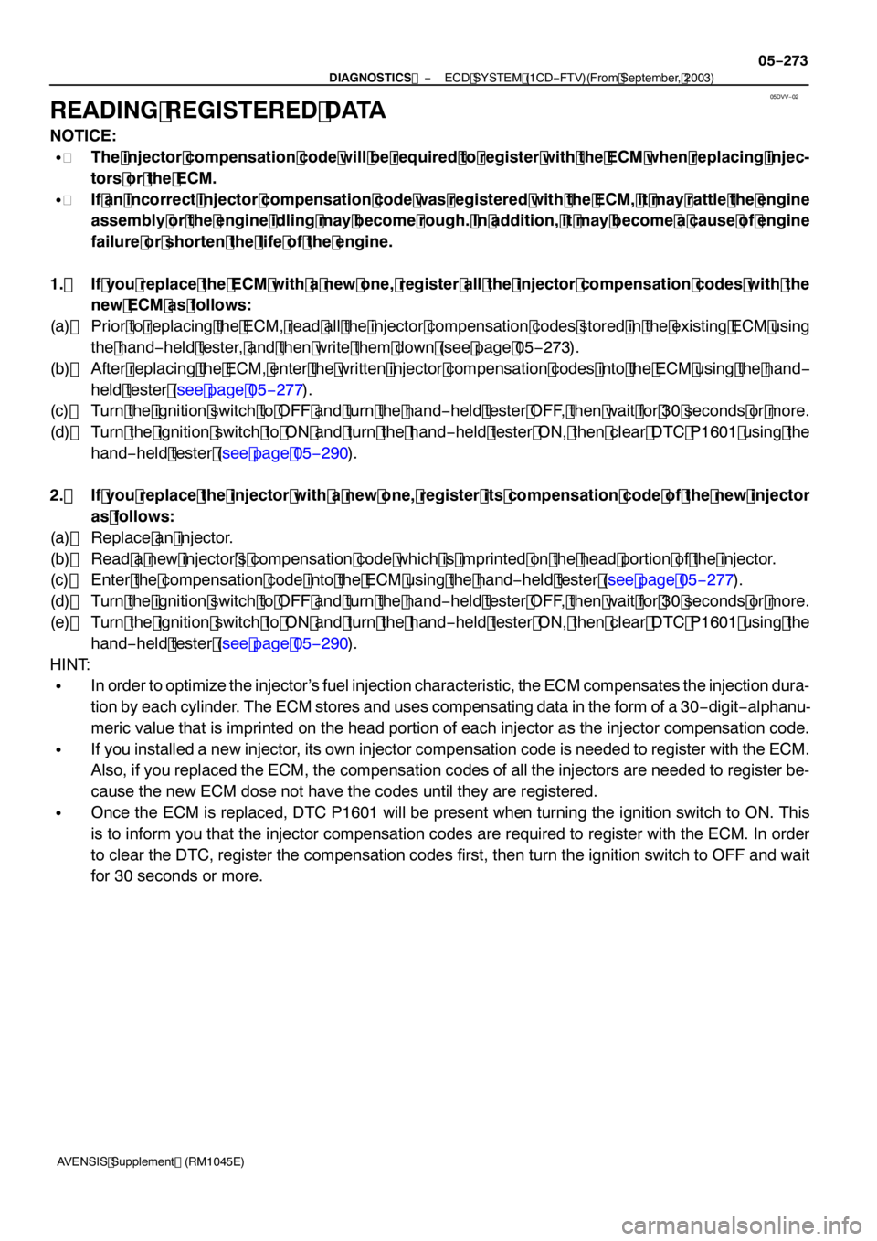 TOYOTA AVENSIS 2005  Service Repair Manual 05DVV−02
−
DIAGNOSTICS  ECD SYSTEM (1CD −FTV)(From September, 2003)
05 −273
AVENSIS Supplement (RM 1045E)
READING REGISTERED DATA
NOTICE:
S The injector compensation code will be required to r
