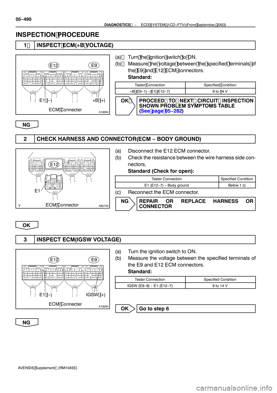 TOYOTA AVENSIS 2005  Service Repair Manual A18294
E1 (−)+B (+)
ECM Connecter
E12E9
A65745
E12
ECM Connector
E1
A18294
E1 (
−)IGSW (+)
ECM Connecter
E9
E12
05 −490
−
DIAGNOSTICS  ECD SYSTEM (1CD−FTV)(From September, 2003)
AVENSIS Supp