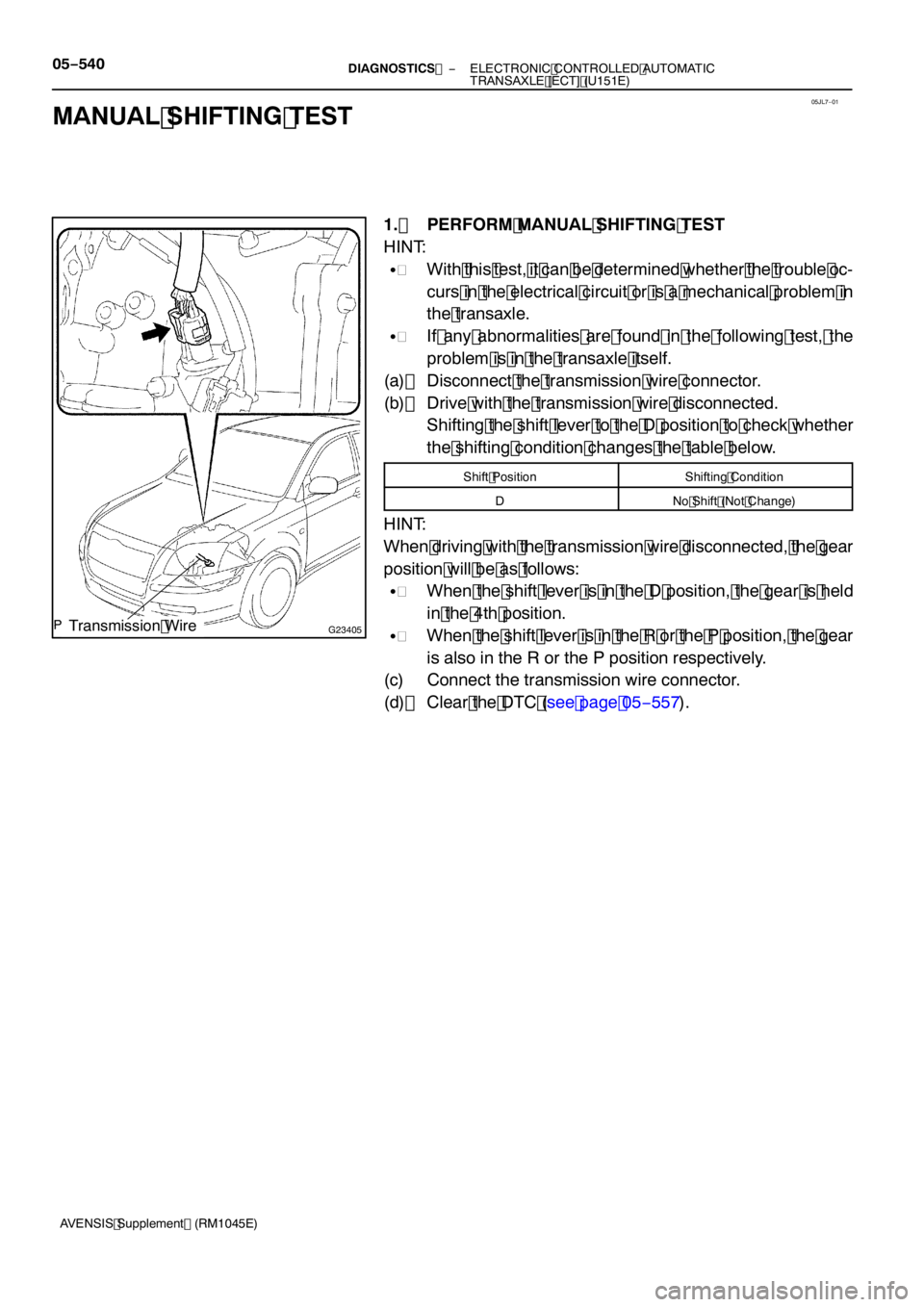 TOYOTA AVENSIS 2005  Service Repair Manual 05JL7−01
G23405Transmission Wire
05 −540−
DIAGNOSTICS  ELECTRONIC CONTROLLED AUTOMATIC
TRANSAXLE [ECT] (U 151E)
AVENSIS Supplement (RM 1045E)
MANUAL SHIFTING TEST
1. PERFORM MANUAL SHIFTING TEST