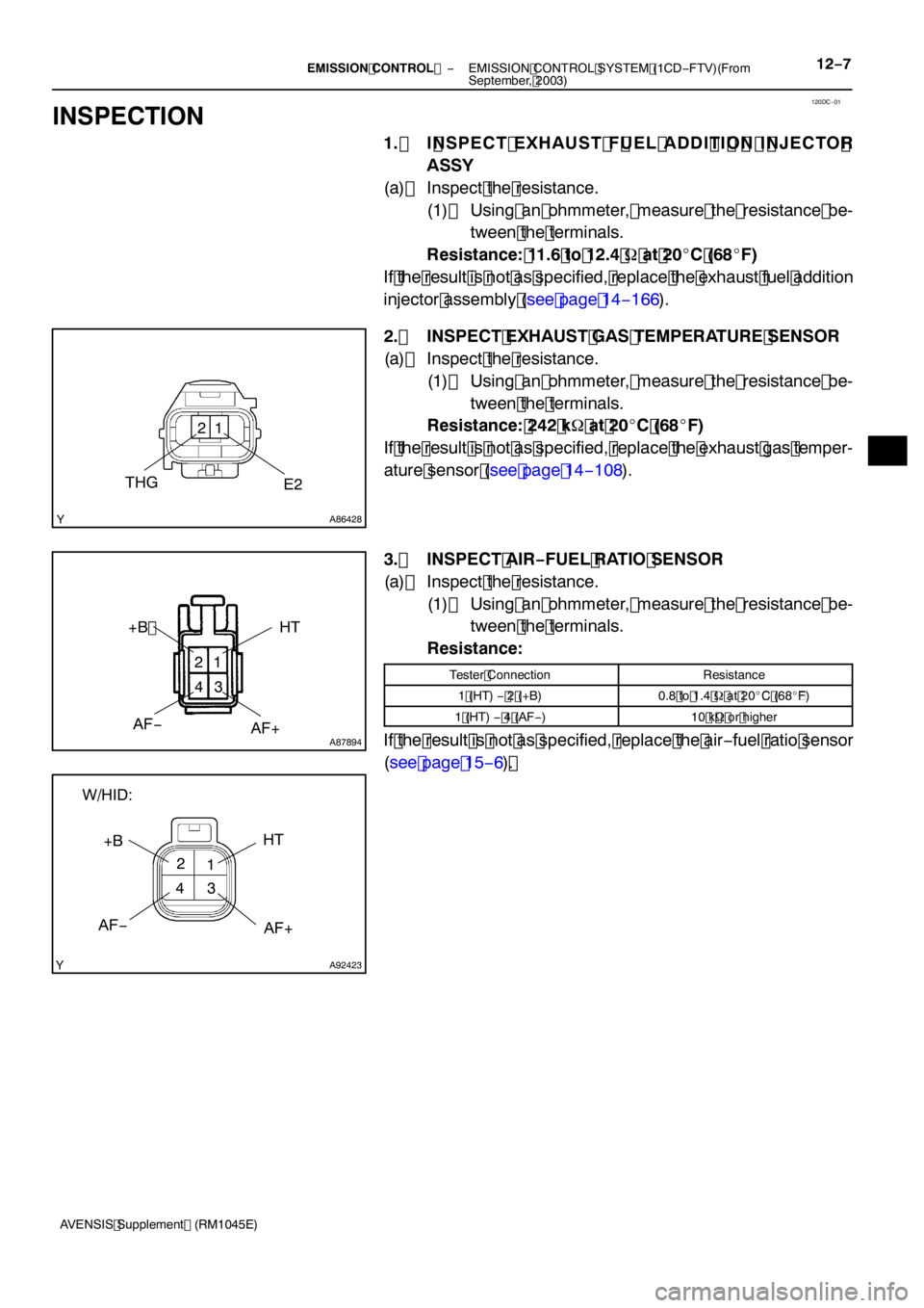 TOYOTA AVENSIS 2005  Service Repair Manual 120DC−01
A86428
1
2
E2
THG
A87894
+B HT
AF+
AF
− 2
3
4 1
A92423
W/HID:
HT
AF+
+B
AF − 1
2
3
4
−
EMISSION CONTROL  EMISSION CONTROL SYSTEM (1CD −FTV)(From
September, 2003)12 −7
AVENSIS Supp