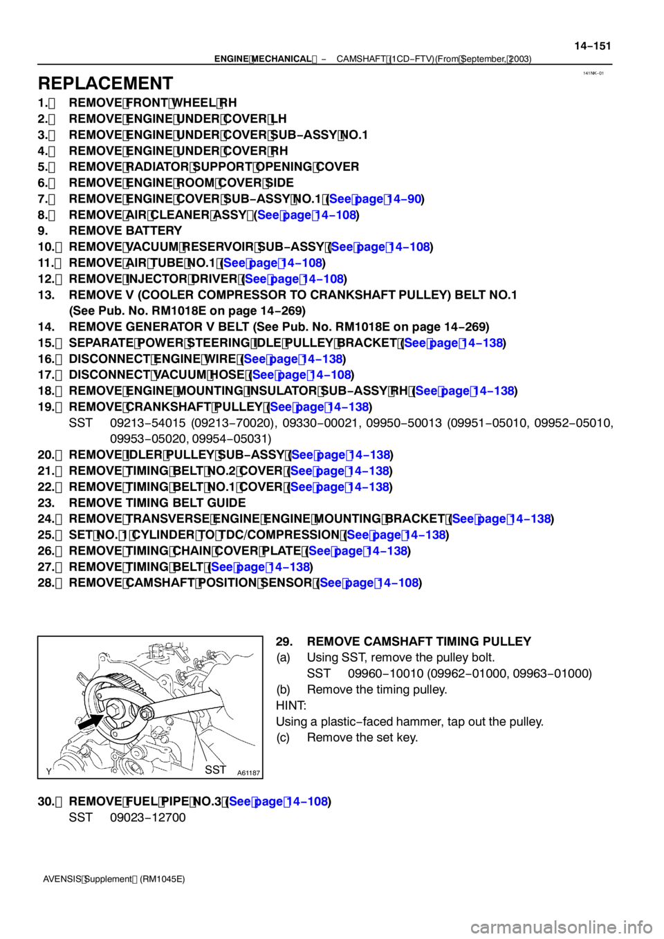 TOYOTA AVENSIS 2005  Service Repair Manual 141NK−01
SSTA61187
−
ENGINE MECHANICAL  CAMSHAFT (1CD−FTV)(From September, 2003)
14 −151
AVENSIS Supplement (RM1045E)
REPLACEMENT
1. REMOVE FRONT WHEEL RH
2. REMOVE ENGINE UNDER COVER LH
3. RE