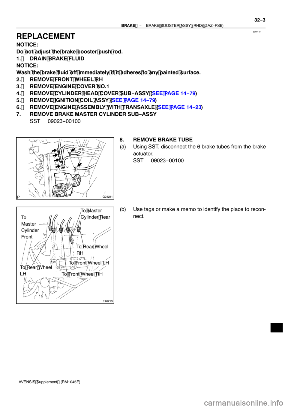 TOYOTA AVENSIS 2005  Service Repair Manual 3211F−01
G24211
F46213
To Master
Cylinder Rear
To
Master
Cylinder
Front
To Rear Wheel
RH
To Front Wheel LH
To Front Wheel RH
To Rear Wheel
LH
−
BRAKE  BRAKE BOOSTER ASSY (RHD) (2AZ −FSE)
32 −3