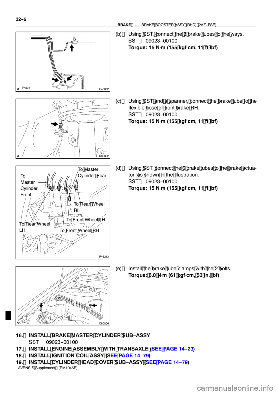 TOYOTA AVENSIS 2005  Service Repair Manual F45361F46832
C80802
F46213
To Master
Cylinder Rear
To
Master
Cylinder
Front
To Rear Wheel
RH
To Front Wheel LH
To Front Wheel RH
To Rear Wheel
LH
C80806
32−6
−
BRAKE  BRAKE BOOSTER ASSY (RHD) (2AZ