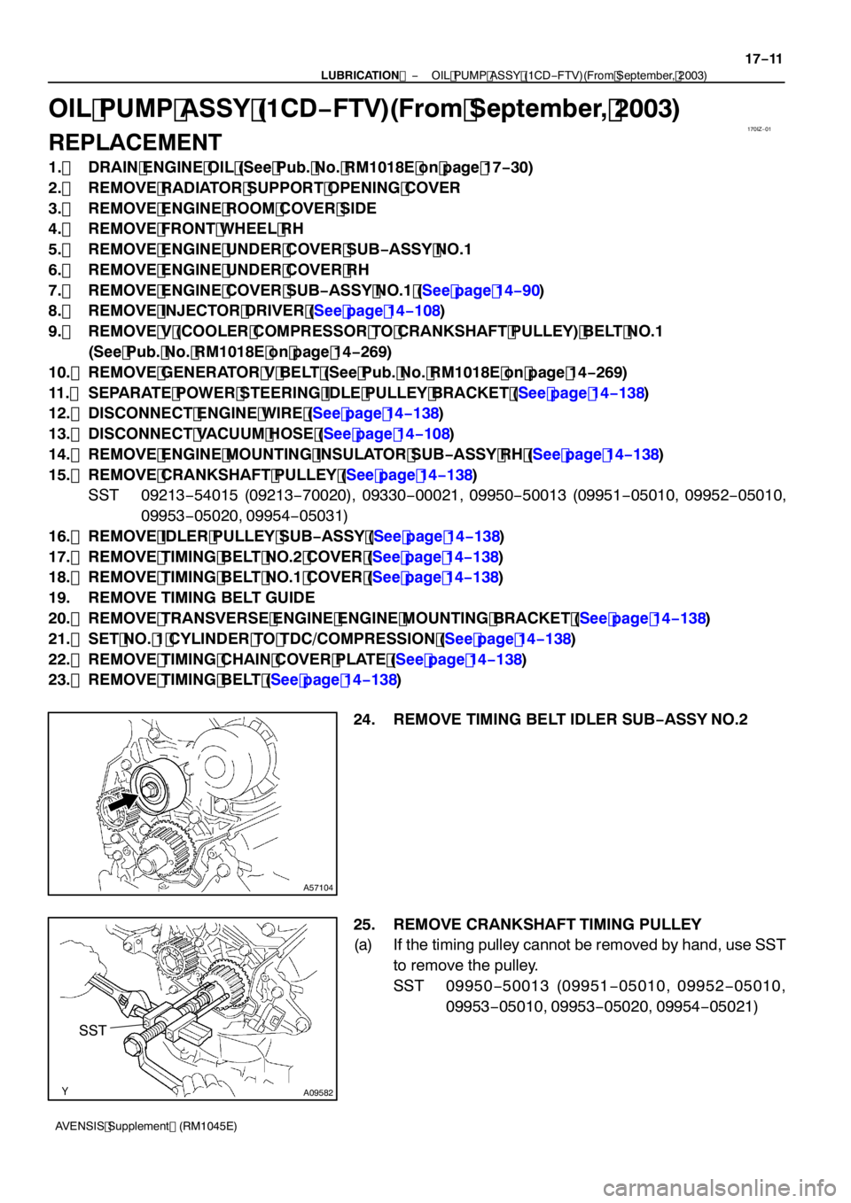 TOYOTA AVENSIS 2005  Service Repair Manual 170IZ−01
A57104
SST
A09582
−
LUBRICATION  OIL PUMP ASSY (1CD −FTV)(From September, 2003)
17 −11
AVENSIS Supplement (RM1045E)
OIL PUMP ASSY (1CD −FTV)(From September, 2003)
REPLACEMENT
1. DRA