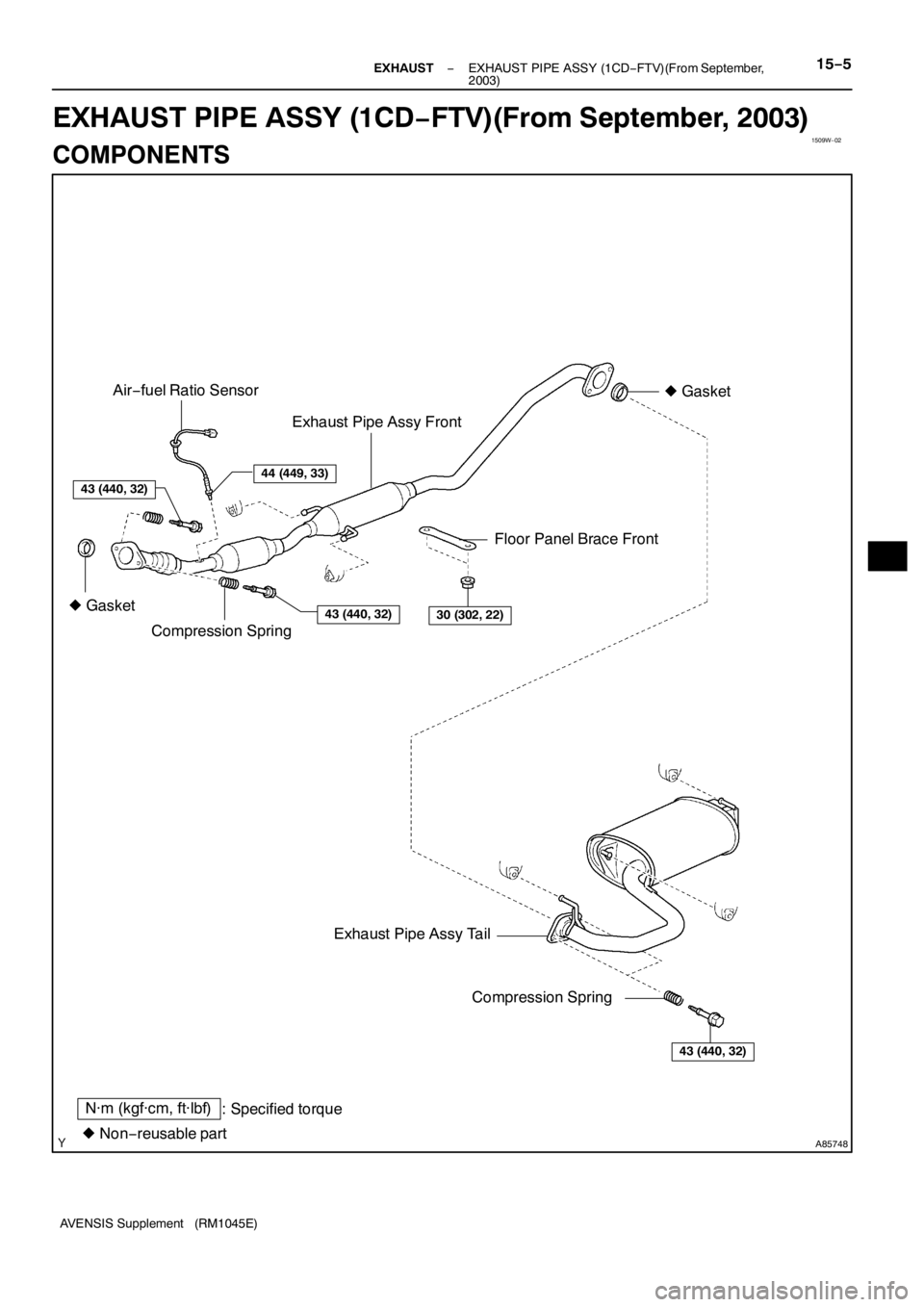 TOYOTA AVENSIS 2005  Service Repair Manual 1509W−02
A85748
30 (302, 22)43 (440, 32)zGasketzGasket
Floor Panel Brace Front Exhaust Pipe Assy Front
Compression Spring
N·m (kgf·cm, ft·lbf)
: Specified torque
zNon−reusable part
43 (440, 32)