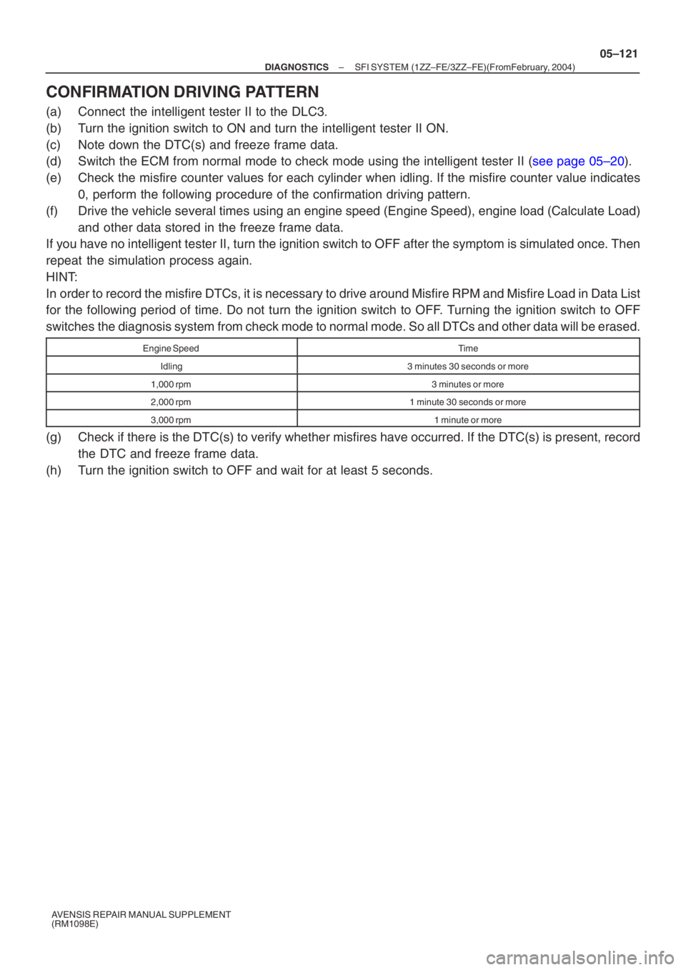 TOYOTA AVENSIS 2005 Service Repair Manual –
DIAGNOSTICS SFI SYSTEM (1ZZ–FE/3ZZ–FE)(From February, 2004)
05–121
AVENSIS REPAIR MANUAL SUPPLEMENT
(RM1098E)
CONFIRMATION DRIVING PATTERN
(a) Connect the intelligent tester II to the DLC TOYOTA AVENSIS 2005 Service Repair Manual –
DIAGNOSTICS SFI SYSTEM (1ZZ–FE/3ZZ–FE)(From February, 2004)
05–121
AVENSIS REPAIR MANUAL SUPPLEMENT
(RM1098E)
CONFIRMATION DRIVING PATTERN
(a) Connect the intelligent tester II to the DLC