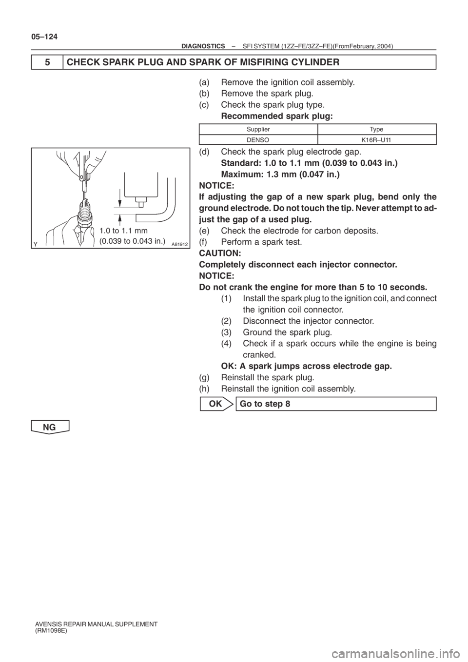 TOYOTA AVENSIS 2005 Service Repair Manual A81912
1.0 to 1.1 mm
(0.039 to 0.043 in.)
05–124
– DIAGNOSTICSSFI SYSTEM (1ZZ–FE/3ZZ–FE)(From February, 2004)
AVENSIS REPAIR MANUAL SUPPLEMENT
(RM1098E)
5 CHECK SPARK PLUG AND SPARK OF MISFIR TOYOTA AVENSIS 2005 Service Repair Manual A81912
1.0 to 1.1 mm
(0.039 to 0.043 in.)
05–124
– DIAGNOSTICSSFI SYSTEM (1ZZ–FE/3ZZ–FE)(From February, 2004)
AVENSIS REPAIR MANUAL SUPPLEMENT
(RM1098E)
5 CHECK SPARK PLUG AND SPARK OF MISFIR