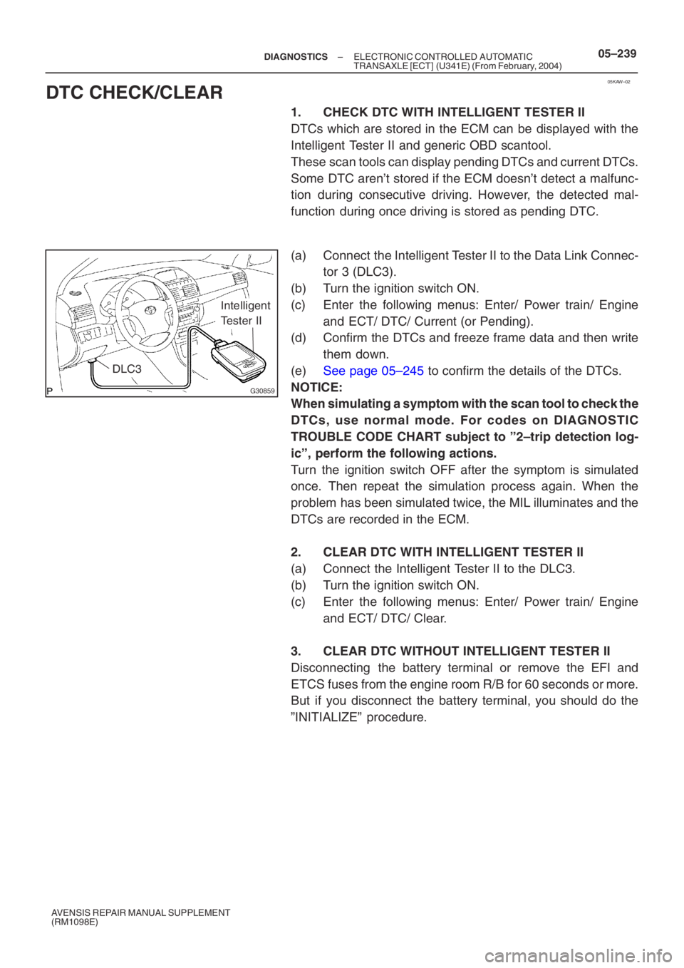 TOYOTA AVENSIS 2005  Service Repair Manual 05KAW–02
G30859
Intelligent 
Tester II
DLC3
–
DIAGNOSTICS ELECTRONIC CONTROLLED AUTOMATIC 
TRANSAXLE [ECT] (U341E) (From February, 2004)05–239
AVENSIS REPAIR MANUAL SUPPLEMENT
(RM1098E)
DTC CHEC