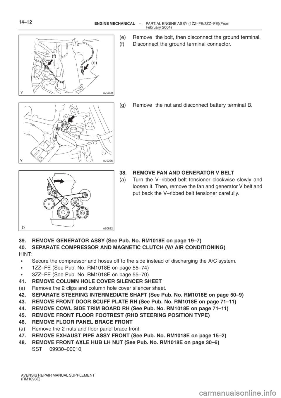 TOYOTA AVENSIS 2005  Service Repair Manual A79320
(f)
(e)
A79296
A60622
14–12– ENGINE MECHANICALPARTIAL ENGINE ASSY (1ZZ–FE/3ZZ–FE)(From
February, 2004)
AVENSIS REPAIR MANUAL SUPPLEMENT
(RM1098E)
(e) Remove  the bolt, then disconnect t