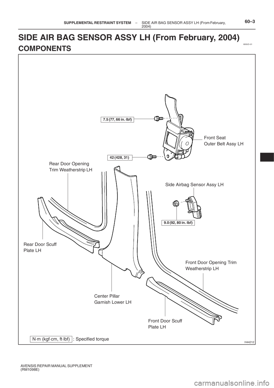 TOYOTA AVENSIS 2005  Service Repair Manual 600UO–01
H44212N⋅m (kgf⋅cm, ft⋅lbf) : Specified torque Rear Door Opening 
Trim Weatherstrip LH
Rear Door Scuff 
Plate LH
Center Pillar 
Garnish Lower LH
Front Door Scuff 
Plate LHFront Door Op