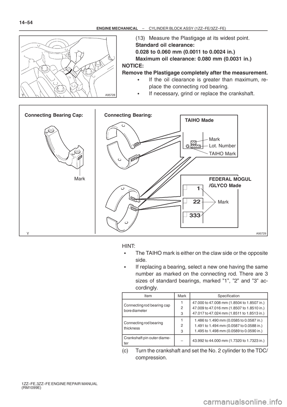 TOYOTA AVENSIS 2005 Service Repair Manual A95728
A95729
Connecting Bearing Cap: Connecting Bearing:
TAIHO Mark Lot. Number Mark
TAIHO Made
FEDERAL MOGUL
/GLYCO Made
MarkMark
14–54
– ENGINE MECHANICALCYLINDER BLOCK ASSY (1ZZ–FE/3ZZ– TOYOTA AVENSIS 2005 Service Repair Manual A95728
A95729
Connecting Bearing Cap: Connecting Bearing:
TAIHO Mark Lot. Number Mark
TAIHO Made
FEDERAL MOGUL
/GLYCO Made
MarkMark
14–54
– ENGINE MECHANICALCYLINDER BLOCK ASSY (1ZZ–FE/3ZZ–