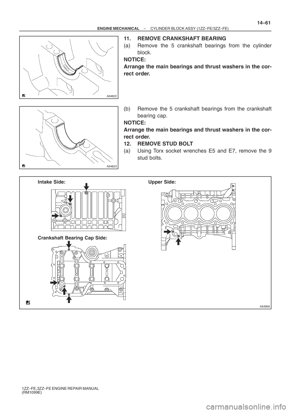 TOYOTA AVENSIS 2005  Service Repair Manual A64822
A64823
A64969
Crankshaft Bearing Cap Side: Intake Side: Upper Side:
– ENGINE MECHANICALCYLINDER BLOCK ASSY (1ZZ–FE/3ZZ–FE)
14–61
1ZZ–FE,3ZZ–FE ENGINE REPAIR MANUAL
(RM1099E)
11. REM