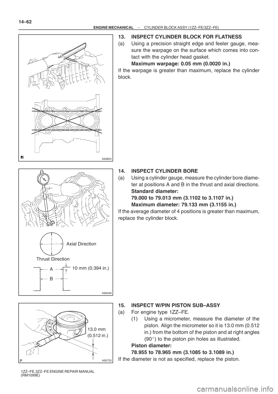 TOYOTA AVENSIS 2005  Service Repair Manual A64825
A95449
Axial Direction
A
B10 mm (0.394 in.) Thrust Direction
A95733
13.0 mm
(0.512 in.) 14–62
– ENGINE MECHANICALCYLINDER BLOCK ASSY (1ZZ–FE/3ZZ–FE)
1ZZ–FE,3ZZ–FE ENGINE REPAIR MANU