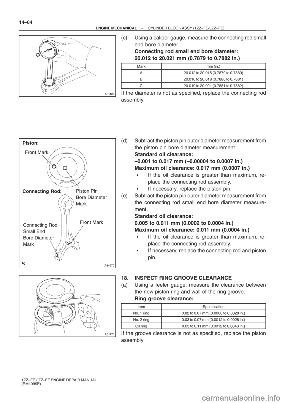 TOYOTA AVENSIS 2005  Service Repair Manual A01185
A64970
Front Mark
Connecting Rod
Small End
Bore Diameter
MarkPiston Pin
Bore Diameter
Mark
Front Mark
Piston:
Connecting Rod:
A01171
14–64
– ENGINE MECHANICALCYLINDER BLOCK ASSY (1ZZ–FE/3