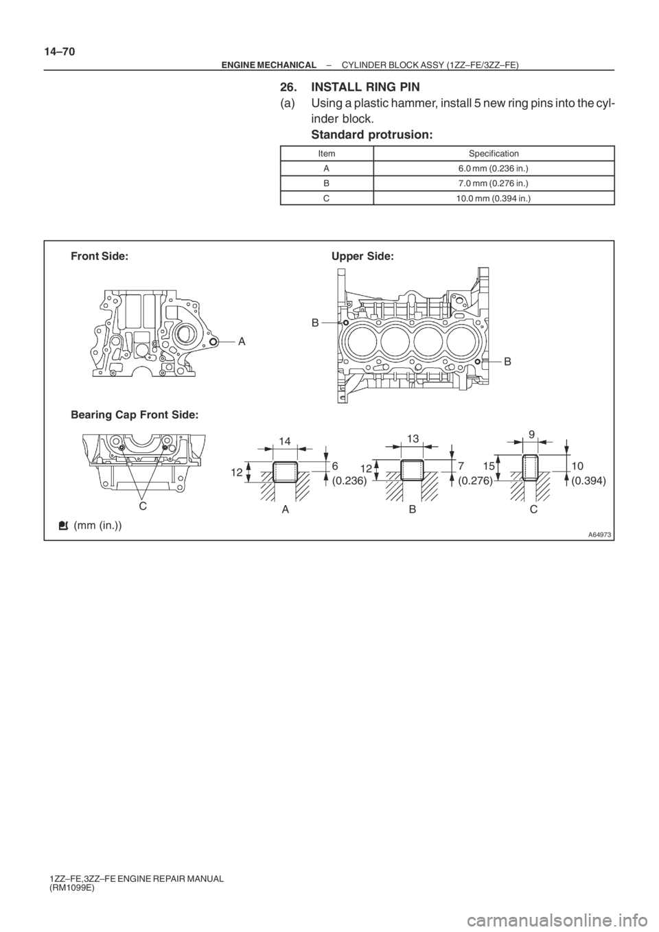 TOYOTA AVENSIS 2005  Service Repair Manual A64973
Front Side: Upper  Side:
AB
B
ABC6
(0.236)7
(0.276)10
(0.394)
C
(mm (in.)) Bearing Cap Front Side:
14
1213
129
15 14–70
– ENGINE MECHANICALCYLINDER BLOCK ASSY (1ZZ–FE/3ZZ–FE)
1ZZ–FE,3