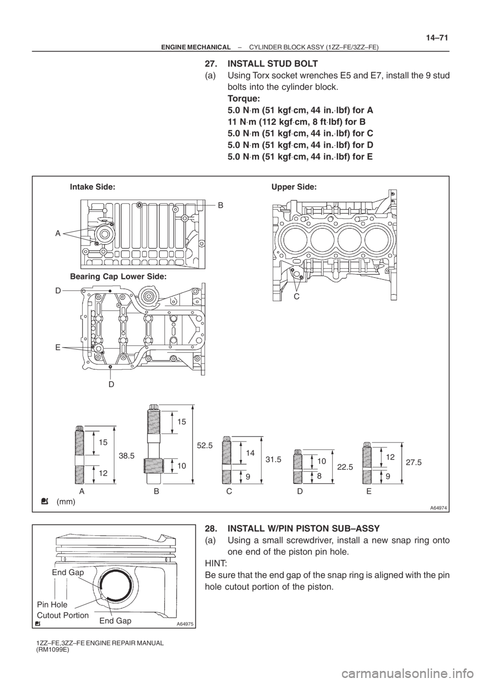 TOYOTA AVENSIS 2005  Service Repair Manual A64974
Intake Side:
Bearing Cap Lower Side:Upper Side:
A
D
E
DC B
ABCDE
(mm)15
1238.515
1052.5
14
931.512
927.5 10
822.5
A64975
End Gap
End Gap
Pin Hole
Cutout Portion
– ENGINE MECHANICALCYLINDER BL