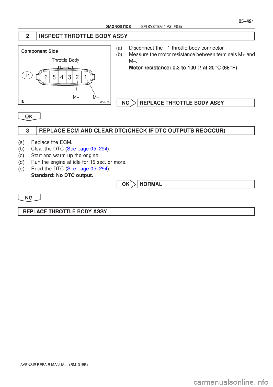 TOYOTA AVENSIS 2005  Service Repair Manual A59778M±
M+
Component Side
Throttle Body
T1
±
DIAGNOSTICS SFI SYSTEM(1AZ±FSE)
05±491
AVENSIS REPAIR MANUAL   (RM1018E)
2INSPECT THROTTLE BODY ASSY
(a)Disconnect the T1 throttle body connector.
(b)