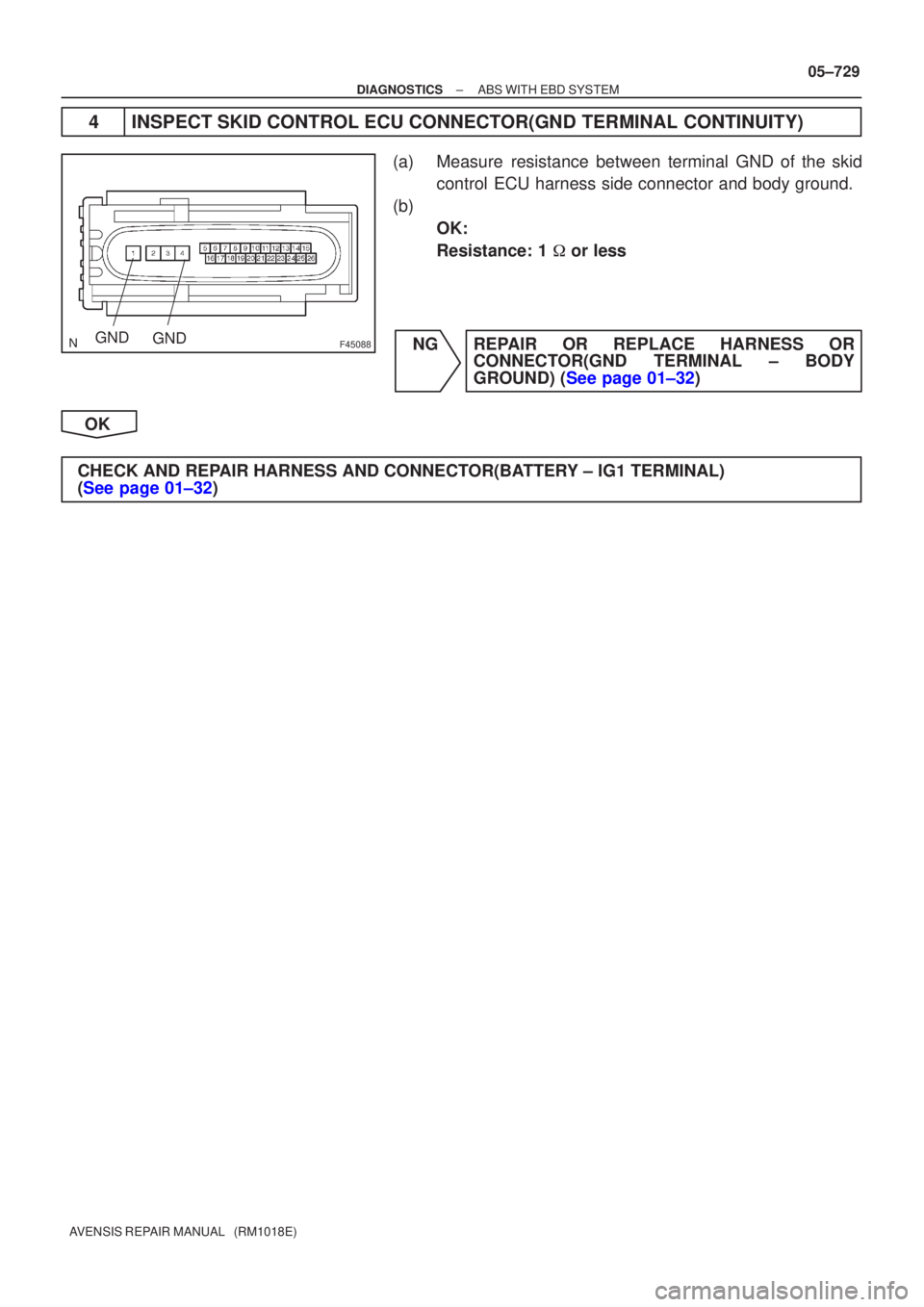 TOYOTA AVENSIS 2005  Service Repair Manual F45088GNDGND
±
DIAGNOSTICS ABS WITH EBD SYSTEM
05±729
AVENSIS REPAIR MANUAL   (RM1018E)
4INSPECT SKID CONTROL ECU CONNECTOR(GND TERMINAL CONTINUITY)
(a)Measure resistance between terminal GND of the