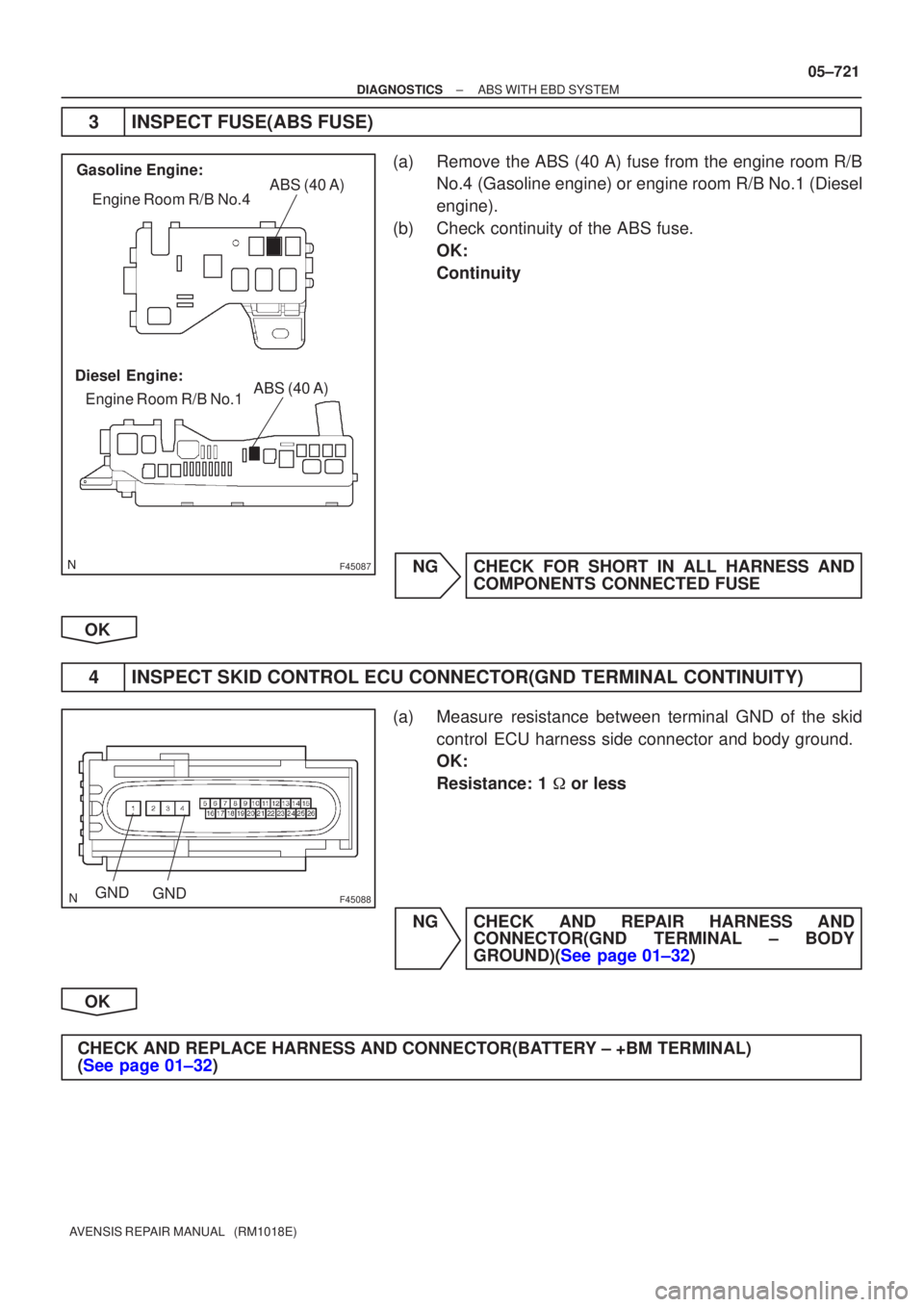 TOYOTA AVENSIS 2005  Service Repair Manual F45087
Engine Room R/B No.4
Engine Room R/B No.1
Diesel Engine: Gasoline Engine:ABS (40 A)
ABS (40 A)
F45088GNDGND
±
DIAGNOSTICS ABS WITH EBD SYSTEM
05±721
AVENSIS REPAIR MANUAL   (RM1018E)
3INSPECT