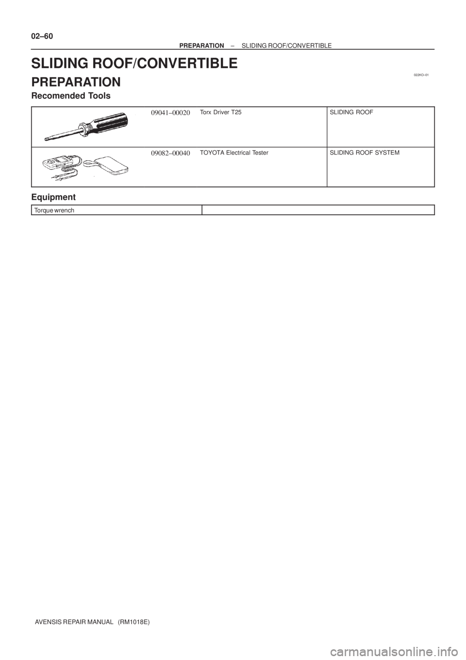 TOYOTA AVENSIS 2005  Service Repair Manual 022KO±01
02±60
± PREPARATIONSLIDING ROOF/CONVERTIBLE
AVENSIS REPAIR MANUAL   (RM1018E)
SLIDING ROOF/CONVERTIBLE
PREPARATION
Recomended Tools
09041±00020Torx Driver T25SLIDING ROOF
09082±00040TOYO