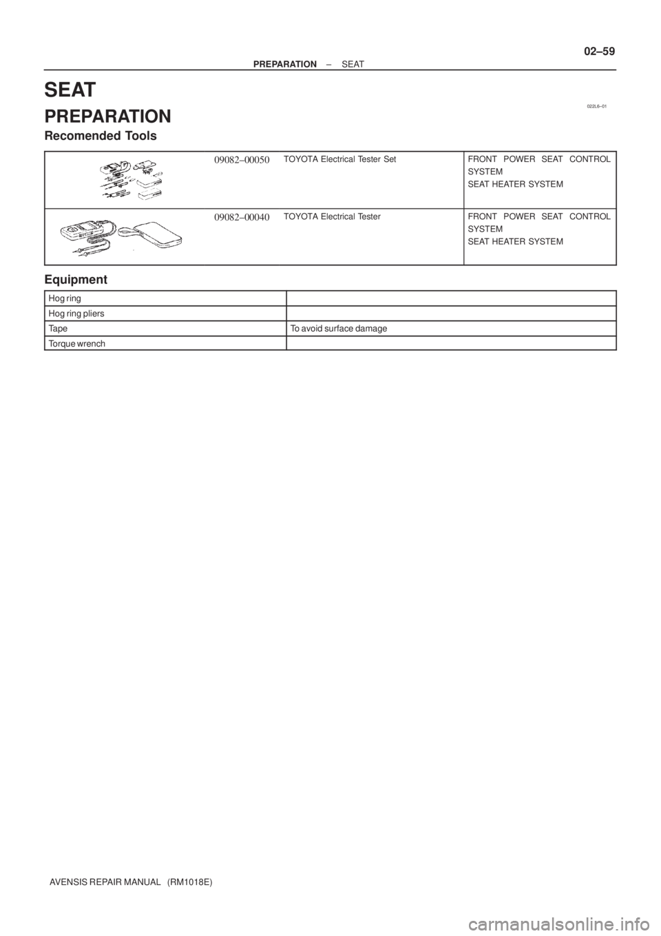 TOYOTA AVENSIS 2005  Service Repair Manual 022L6±01
± PREPARATIONSEAT
02±59
AVENSIS REPAIR MANUAL   (RM1018E)
SEAT
PREPARATION
Recomended Tools
09082±00050TOYOTA Electrical Tester SetFRONT  POWER SEAT  CONTROL
SYSTEM
SEAT HEATER SYSTEM
090