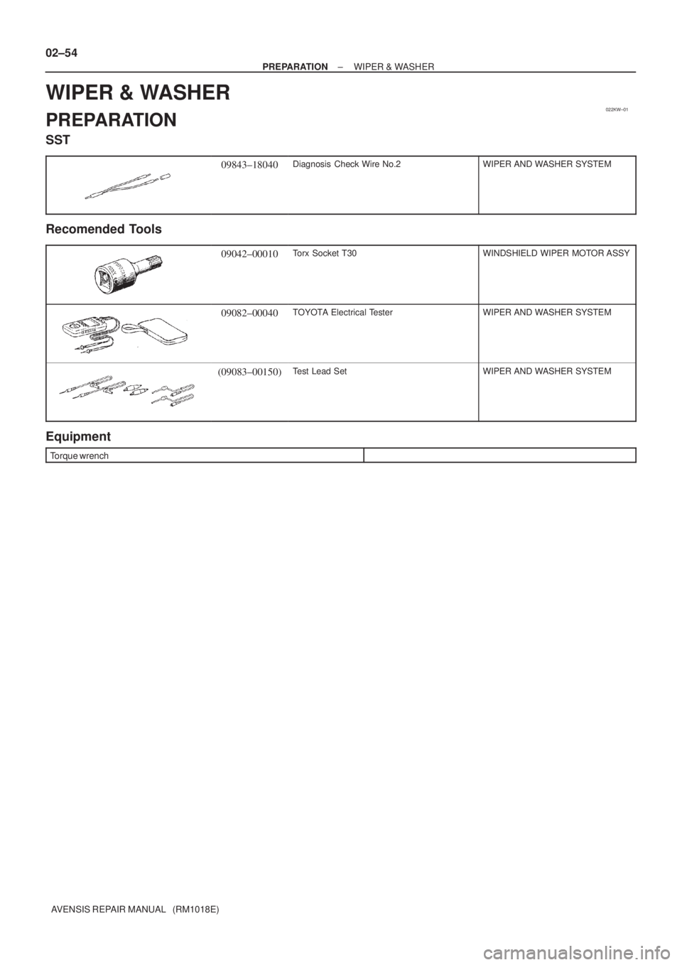 TOYOTA AVENSIS 2005  Service Repair Manual 022KW±01
02±54
± PREPARATIONWIPER & WASHER
AVENSIS REPAIR MANUAL   (RM1018E)
WIPER & WASHER
PREPARATION
SST
09843±18040Diagnosis  Check Wire No.2WIPER AND WASHER SYSTEM
Recomended Tools
09042±000