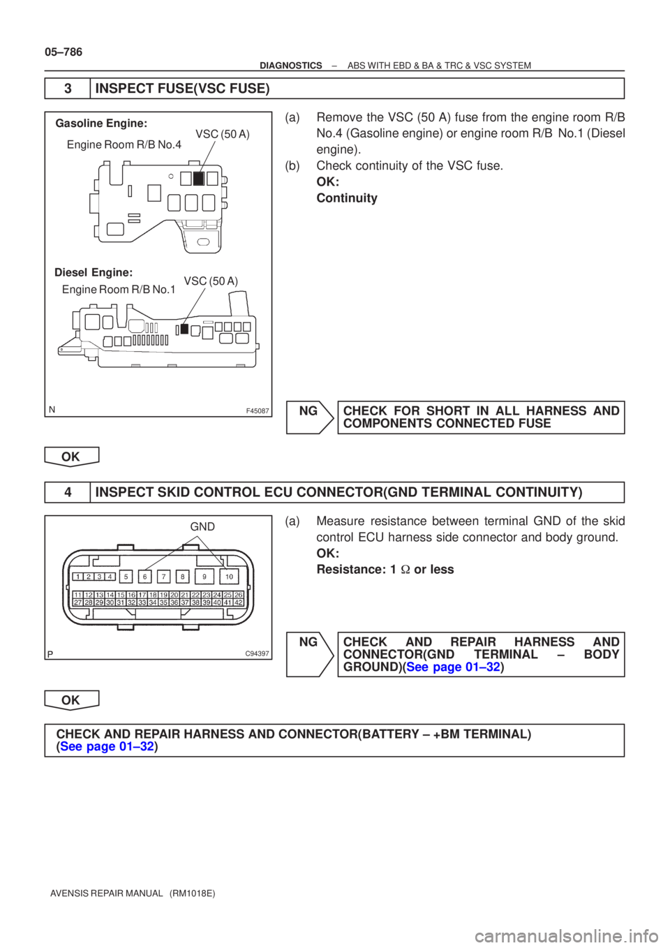 TOYOTA AVENSIS 2005  Service Repair Manual F45087
Engine Room R/B No.4
Engine Room R/B No.1
Diesel Engine: Gasoline Engine:VSC (50 A)
VSC (50 A)
C94397
GND
05±786
±
DIAGNOSTICS ABS WITH EBD & BA & TRC & VSC SYSTEM
AVENSIS REPAIR MANUAL   (RM