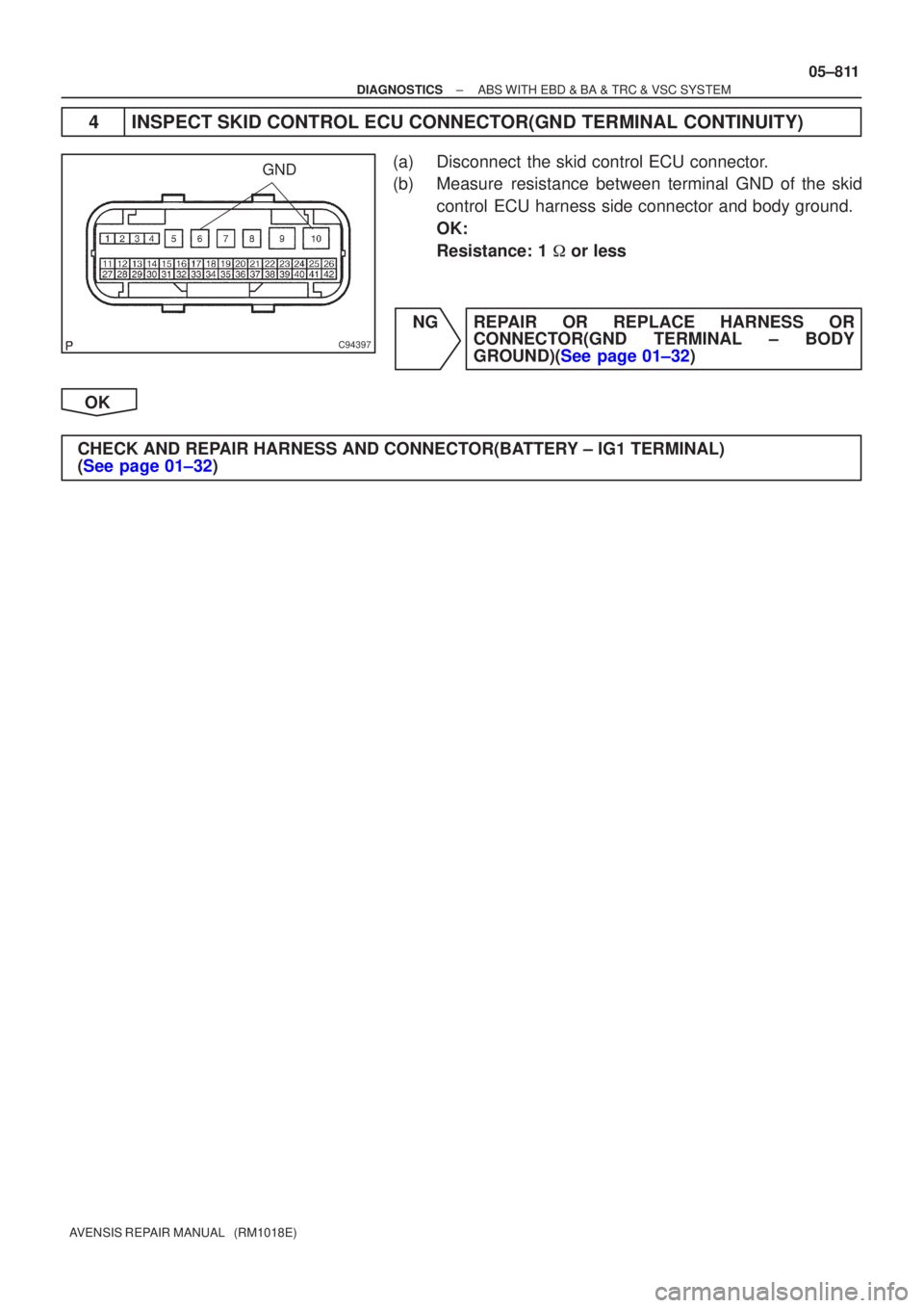 TOYOTA AVENSIS 2005  Service Repair Manual C94397
GND
±
DIAGNOSTICS ABS WITH EBD & BA & TRC & VSC SYSTEM
05±811
AVENSIS REPAIR MANUAL   (RM1018E)
4INSPECT SKID CONTROL ECU CONNECTOR(GND TERMINAL CONTINUITY)
(a)Disconnect the skid control ECU