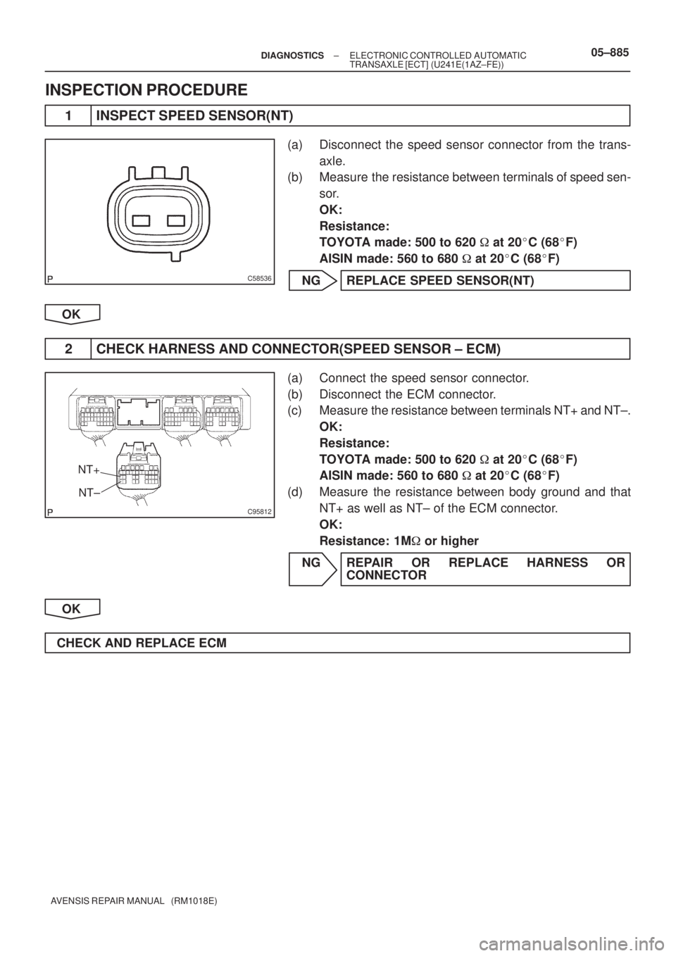 TOYOTA AVENSIS 2005  Service Repair Manual C58536
C95812
NT+
NT±
± DIAGNOSTICSELECTRONIC CONTROLLED AUTOMATIC
TRANSAXLE [ECT] (U241E(1AZ±FE))05±885
AVENSIS REPAIR MANUAL   (RM1018E)
INSPECTION PROCEDURE
1 INSPECT SPEED SENSOR(NT)
(a) Disco