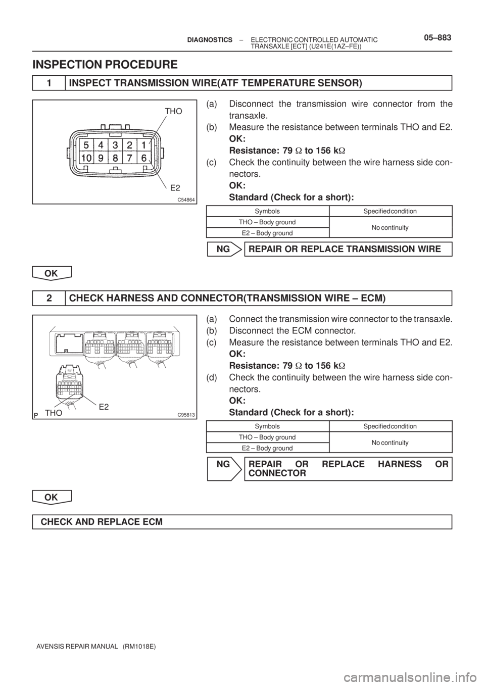 TOYOTA AVENSIS 2005  Service Repair Manual C54864
THO
E2
C95813THOE2
± DIAGNOSTICSELECTRONIC CONTROLLED AUTOMATIC
TRANSAXLE [ECT] (U241E(1AZ±FE))05±883
AVENSIS REPAIR MANUAL   (RM1018E)
INSPECTION PROCEDURE
1 INSPECT TRANSMISSION WIRE(ATF T