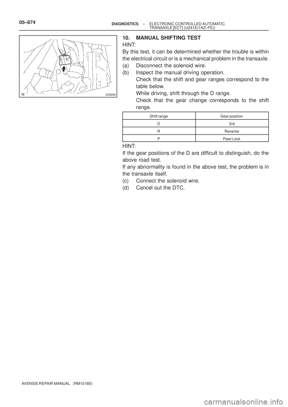 TOYOTA AVENSIS 2005  Service Repair Manual D09299
05±874± DIAGNOSTICSELECTRONIC CONTROLLED AUTOMATIC
TRANSAXLE [ECT] (U241E(1AZ±FE))
AVENSIS REPAIR MANUAL   (RM1018E)
10. MANUAL SHIFTING TEST
HINT:
By this test, it can be determined whether