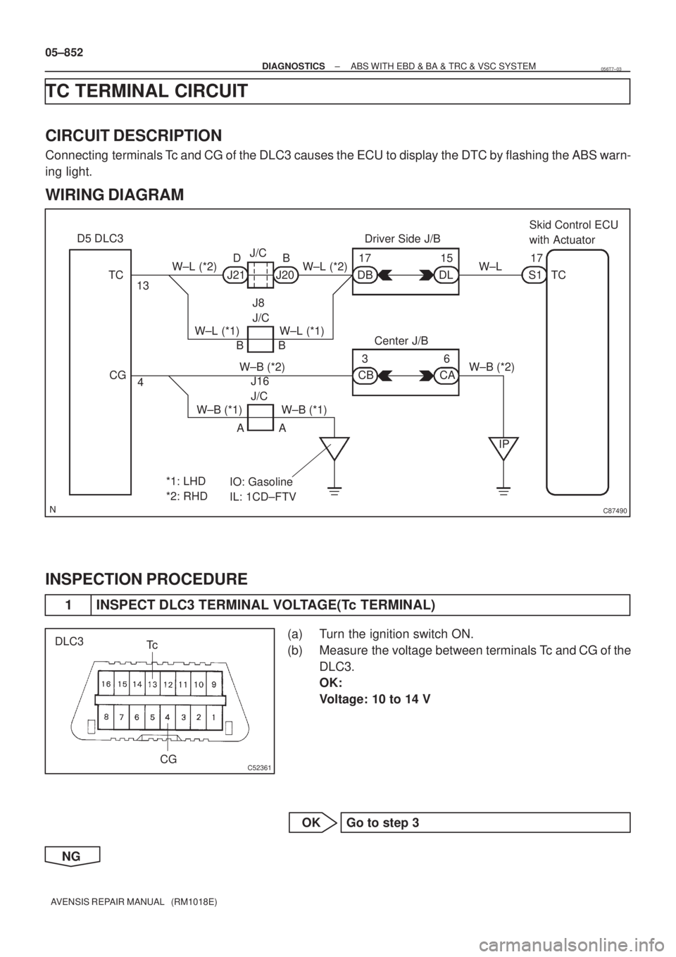 TOYOTA AVENSIS 2005  Service Repair Manual C87490
Skid Control ECU 
with Actuator
S117 D5 DLC3
TC
CG13
4
W±B (*1) W±L (*1)
AA BB
W±B (*2)J/C
W±L (*1) W±L (*2)
W±B (*1) J16 
J/C
IP CB3
CA6 DL15
DB17Driver Side J/B
Center J/B
W±B (*2)W±L